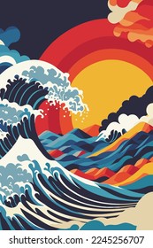 ilustración gran onda oceánica con afiche solar al estilo japonés vectorial para plantilla de diseño de impresión de arte mural