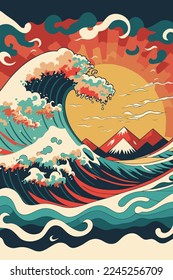 illustration big ocean wave with sun poster in japanese style vector for wall art print design template