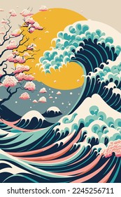 illustration big ocean wave with sun poster in japanese style vector for wall art print design template