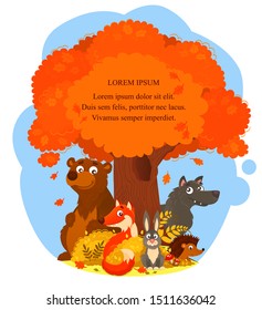 Illustration of big old oak tree with place for your text. Fox, here, wolf, bear, hedgehog in its own habitat. Children illustration of animals in autumn season. 