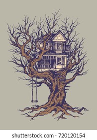 Illustration. Big old tree house on the dry tree