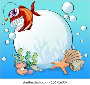 Illustration of a big pearl and the smiling piranha under the sea