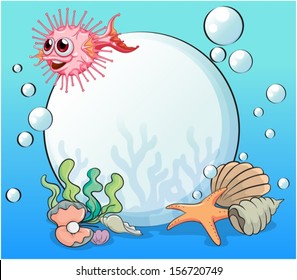 Illustration of a big pearl under the sea with the other sea creatures