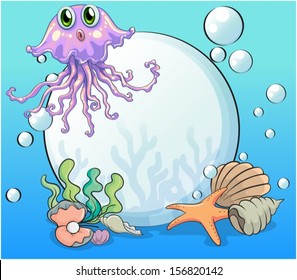 Illustration of a big pearl and the violet octopus under the sea