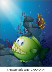 Illustration of a big piranha under the sea near the rocks on a white background