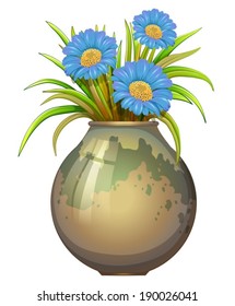 Illustration of a big pot with blue flowers on a white background