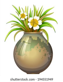 Illustration of a big pot container with a flowering plant on a white background