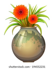 Illustration of a big pot with a flowering plant on a white background