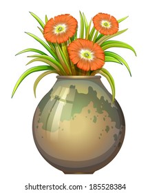 Illustration of a big pot with flowers on a white background