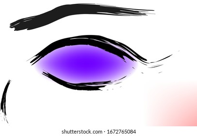 illustration of a big purple eye drawn with a brush, face contouring, eyebrow, white background