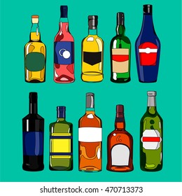 Illustration big set cartoon colorful hand drawn bottles with various alcoholic beverages and different design, bar restaurant poster menu, isolated on green background, vector eps 10