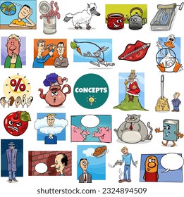 Illustration big set of humorous cartoon concepts or metaphors and ideas with comic characters svg