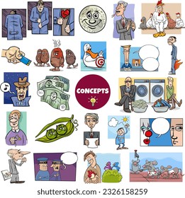 Illustration big set of humorous cartoon concepts or metaphors and ideas with comic characters