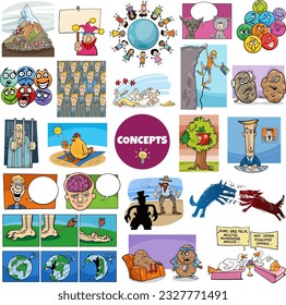 Illustration big set of humorous cartoon concepts or metaphors and ideas with comic characters