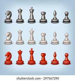 illustration of big set of three color figures for chess on blue background