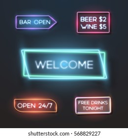 Illustration of Big Set of Vector Neon Sign Plates. Realistic Neon Quote Frame Template