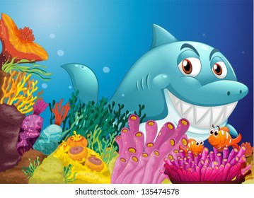 Illustration of a big shark near the coral reefs