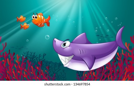 Illustration of a big shark and three nemos under the sea