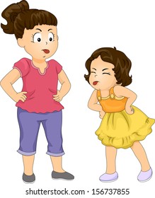 Illustration of a Big Sister and Her Younger Sister Sticking Their Tongues Out While Arguing