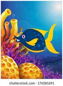 Illustration of a big smiling fish near the coral reefs on a white background