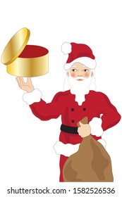 Illustration with a big smiling Santa Claus holding an empty gift box to be filled as everyone wants