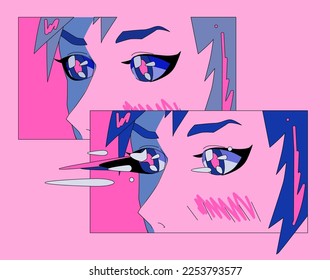 Illustration big sparkling anime eyes female cartoon character  Print for t  shirt  poster  cover 