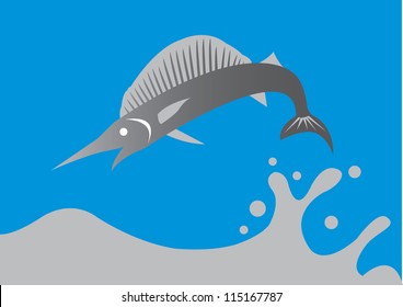 illustration of a big swordfish jumping out of the water.