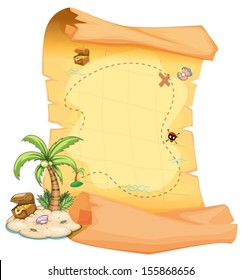 Illustration of a big treasure map and an island on a white background