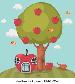 Illustration of a big tree apple and apple house