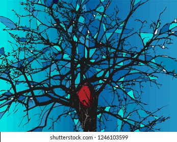 Illustration of a big tree with branches without leaves. Tree with a red heart. The sky around in the form of windshield. A large tree without leaves against a light blue sky divided into pieces.