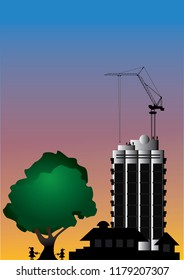The illustration of a big tree in a city with construction.