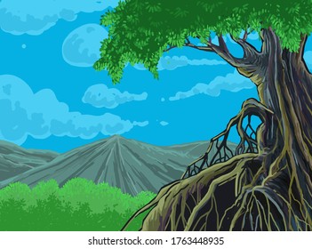 Illustration of the big tree and the hills