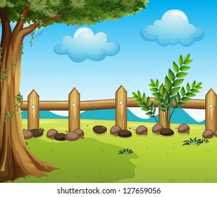 Ilustración de un gran árbol dentro de una cerca