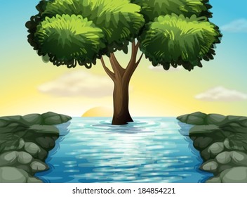 Illustration of a big tree in the middle of the river