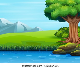 Illustration of a big tree near the river
