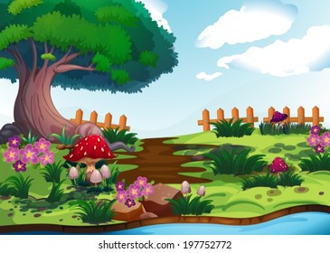 Illustration of a big tree near the river