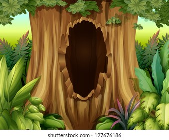 Illustration of a big trunk of a tree with a hole