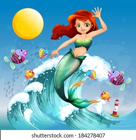 Illustration of a big wave with a mermaid and a school of fishes