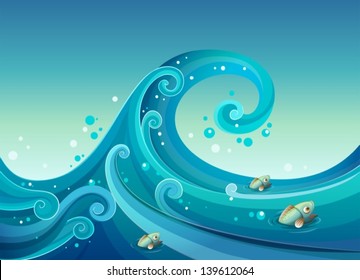 Illustration of a big wave in the sea with fishes