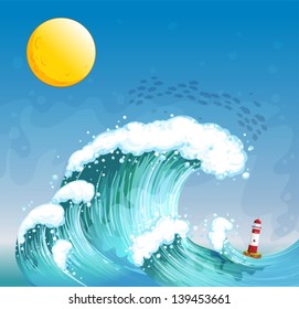 Illustration of a big wave with a tower