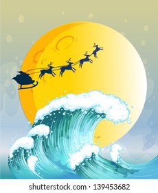 Illustration of the big waves under the bright full moon