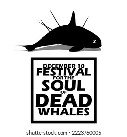 Illustration of a big whale that died from being hit by a hunter's spear with bold text in frame isolated on white background to commemorate Festival for the Souls of Dead Whales in December 10