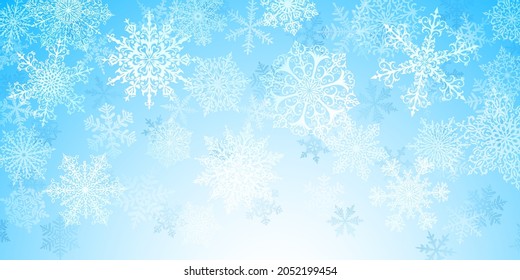 Ilustración de grandes copos de nieve de complejo blanco en fondo azul claro
