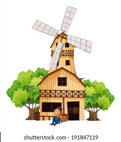 Illustration of a big wooden house with a windmill on a white background
