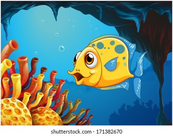 Illustration of a big yellow fish under the sea inside the sea cave on a white background