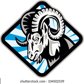 Illustration of a bighorn ram sheep goat set inside diamond shape on isolated background.