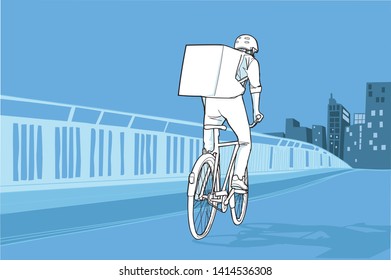 Illustration of a bike messenger with backpack over city on background