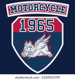 Illustration bike motorcycle with ping and wings, Since 1965 and Patchwork emblem crest. tattoo style svg