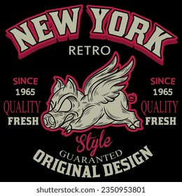 Illustration bike motorcycle with ping and wings, Since 1965 and Patchwork emblem crest text New York retro Original Design Fresh. tattoo style svg