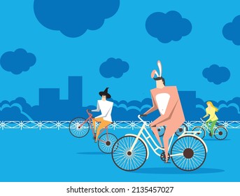 illustration of a bike parade in costumes. masquerade on a bicycle. cyclists in carnival costumes. mummers ride bicycles around the city